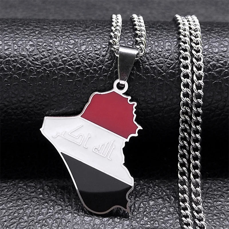 Iraq Republic Map Flag Pendant Necklace Stainless Steel Silver NXXXXS05