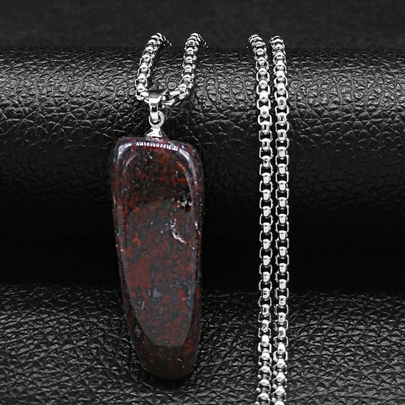 Bloodstone Pendant Necklace Stainless Steel Chain Gem Stone Healing Energy