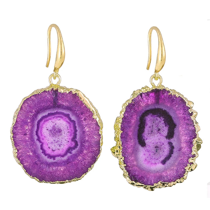 Druzy Quartz Stone Sunflower Drop Earrings Purple