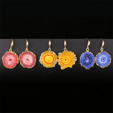 Druzy Quartz Stone Sunflower Drop Earrings Purple
