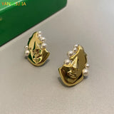 Irregular Earrings for Women Metal Portrait Pearl Small