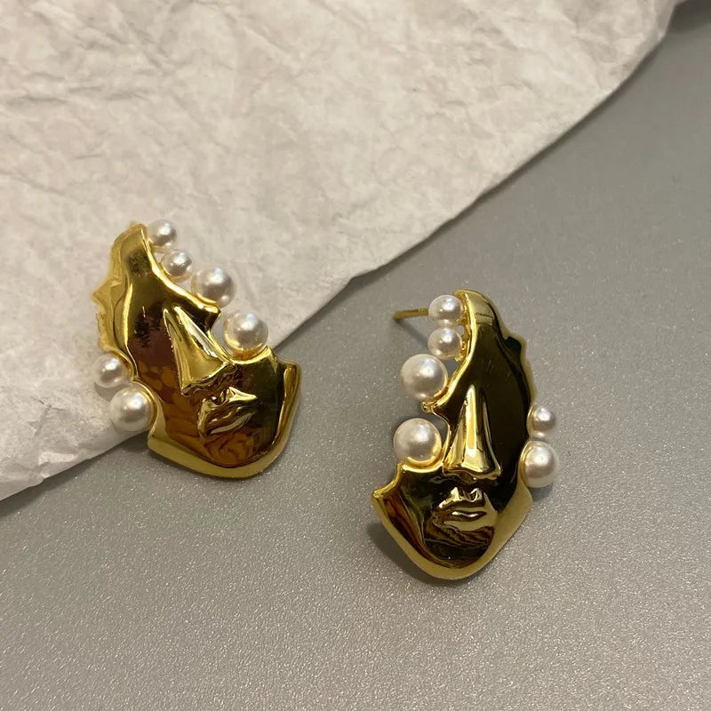 Irregular Earrings for Women Metal Portrait Pearl Small