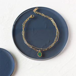Green Geometric Stripes Stone Double Chain Bracelet Stainless Steel 18K Plated