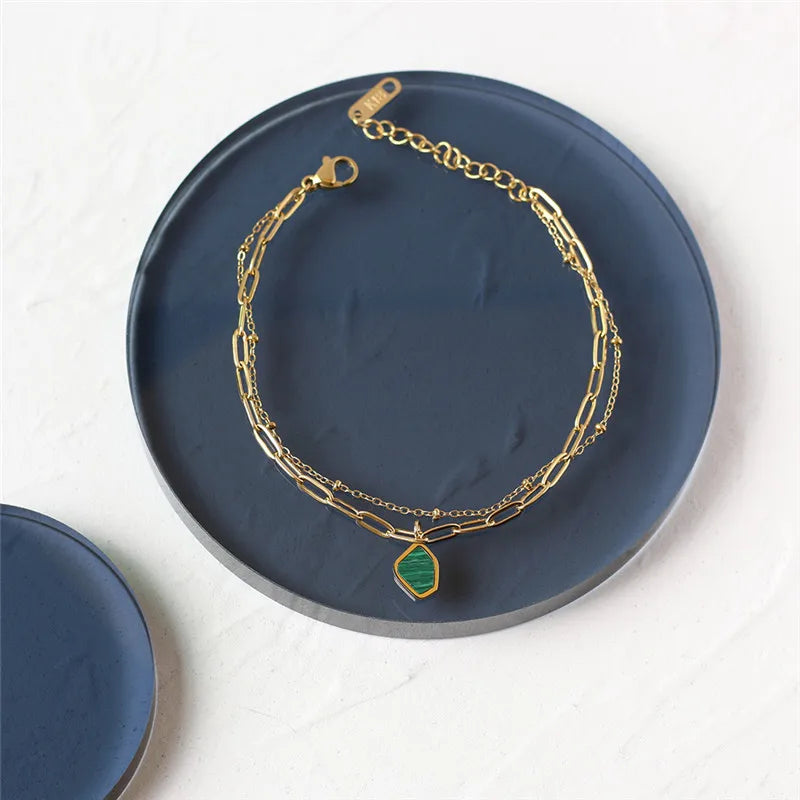 Green Geometric Stripes Stone Double Chain Bracelet Stainless Steel 18K Plated