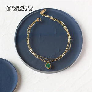 Green Geometric Stripes Stone Double Chain Bracelet Stainless Steel 18K Plated