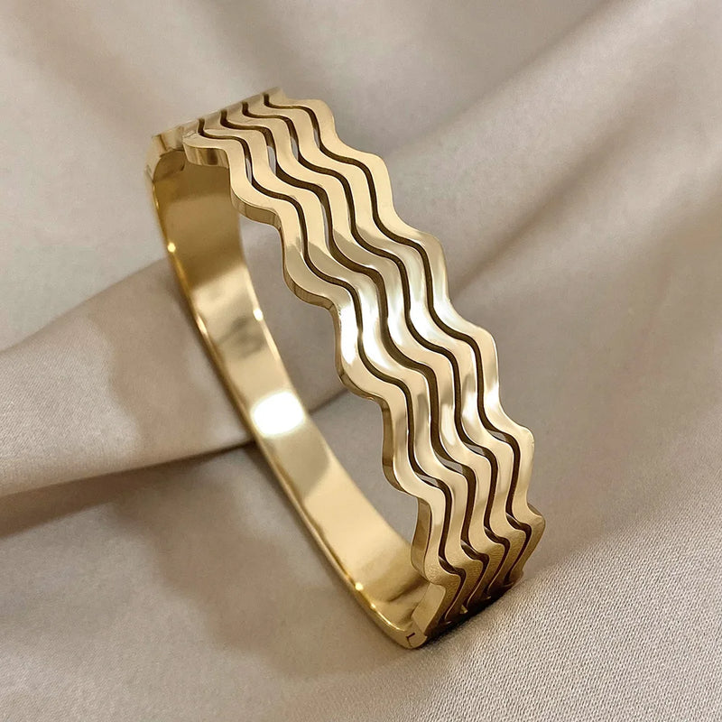 Layered Wave Stainless Steel Bracelet for Women