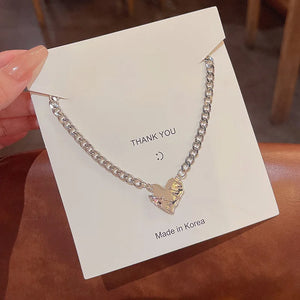 Irregular Love Titanium Steel Necklace Women Pink Crystal