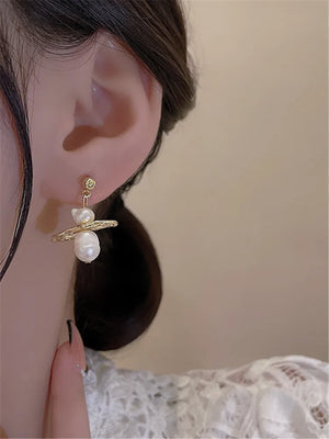 Metal Pearl Pendant Earrings Women Japanese Style Jewelry Gift