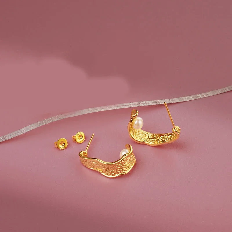 Metallic Embrace Pearl Stud Earrings for Women
