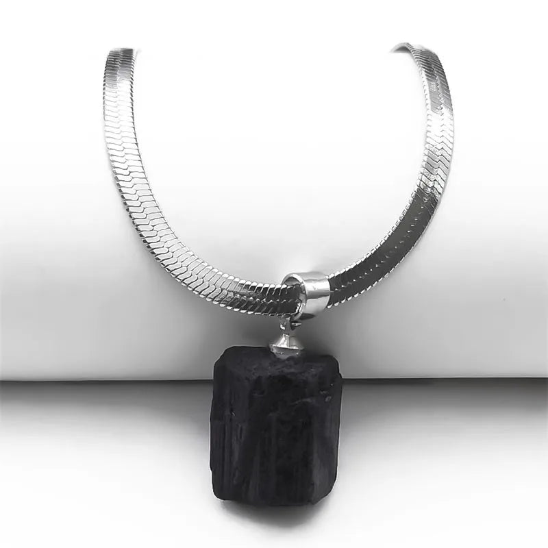 Irregular Tourmaline Pendant Necklace Stainless Steel Chain