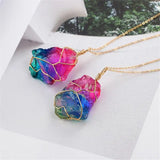 Rainbow Quartz Stone Pendant Wire Wrap Necklace Reiki Healing Crystal Jewelry