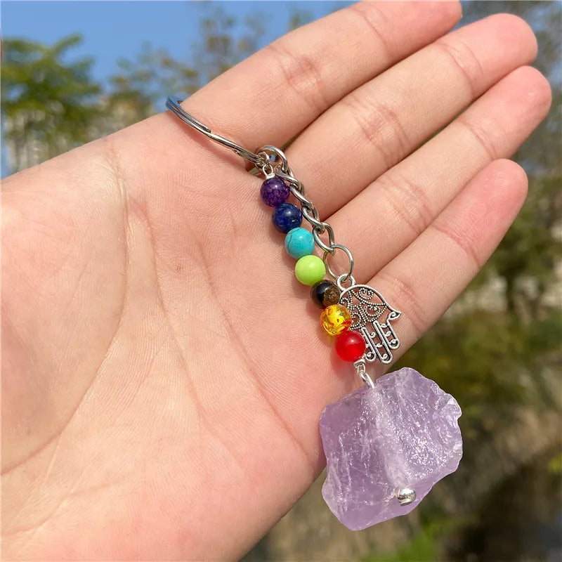 7 Chakras Quartz Stone Keychain Silver Keyring Women Girls Jewelry