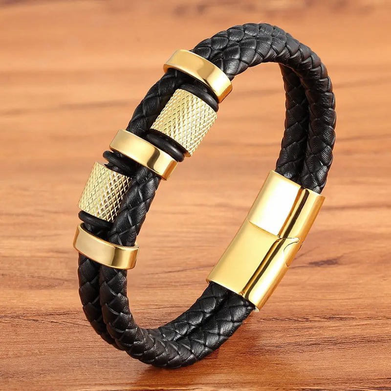 Irregular Pattern Shape Men's Stainless Steel Leather Bracelet