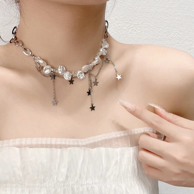 Irregular Pearl Star Pentagram Tassel Choker for Women