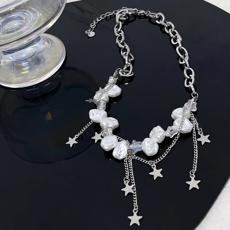 Irregular Pearl Star Pentagram Tassel Choker for Women