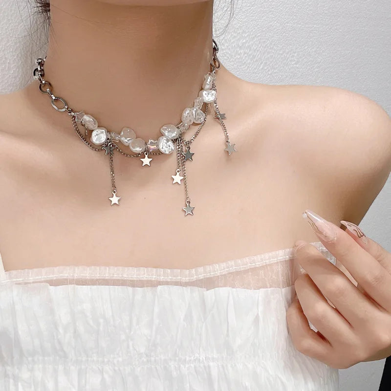 Irregular Pearl Star Pentagram Tassel Choker for Women