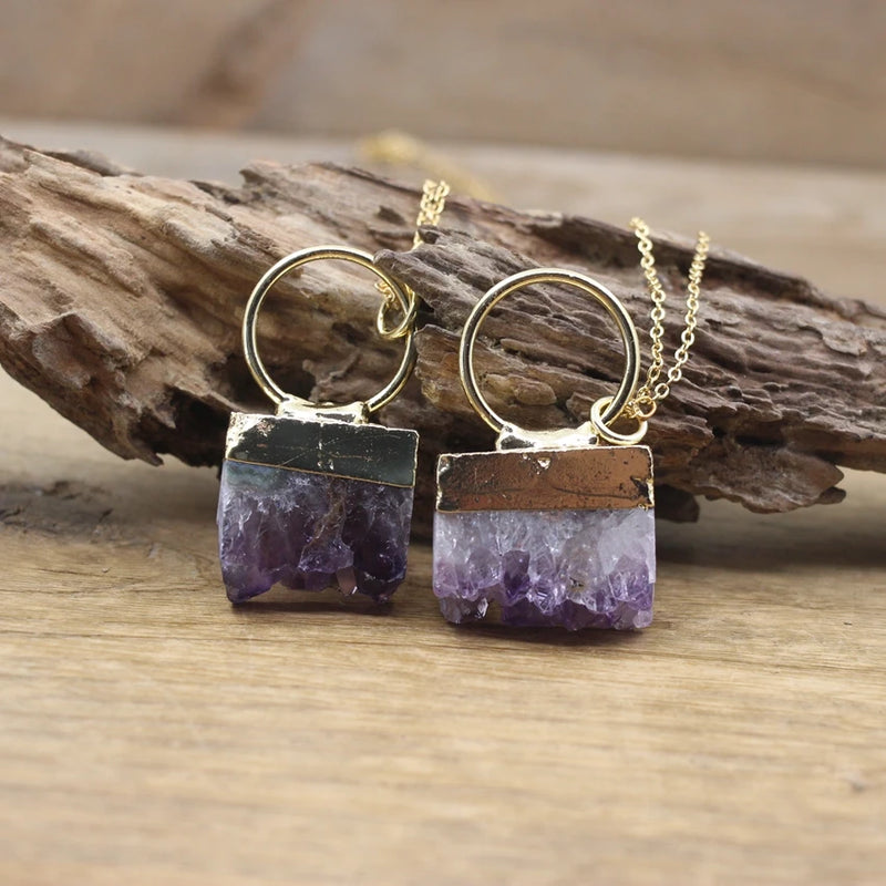 Irregular Rectangle Amethysts Geode Pendants Healing Necklace