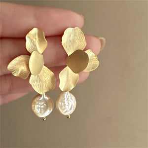 Metal Petal Pearl Pendant Earrings - European American Style Jewelry