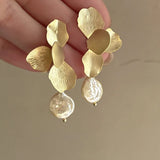 Metal Petal Pearl Pendant Earrings - European American Style Jewelry