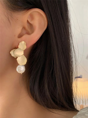 Metal Petal Pearl Pendant Earrings - European American Style Jewelry