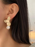Metal Petal Pearl Pendant Earrings - European American Style Jewelry