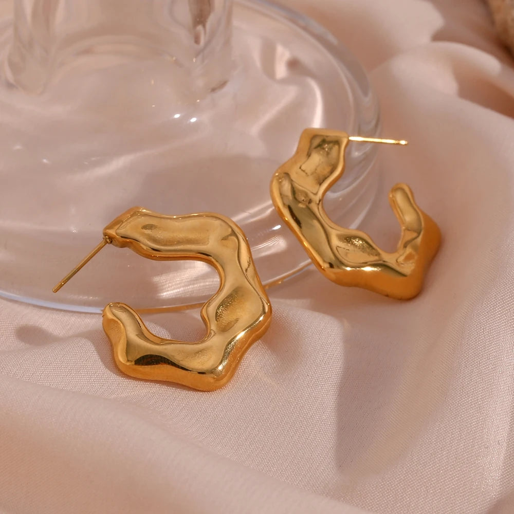 Irregular Surface Polished Flower Star Plated Steel Stud Earrings