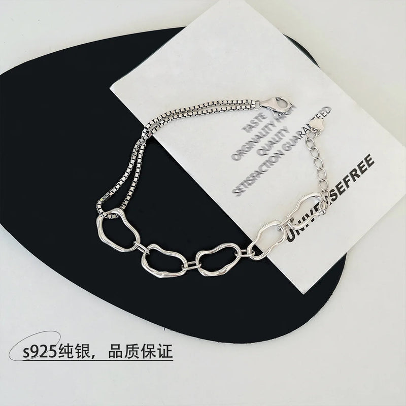 Irregular Geometric Chain S925 Sterling Silver Bracelet Girls Splicing
