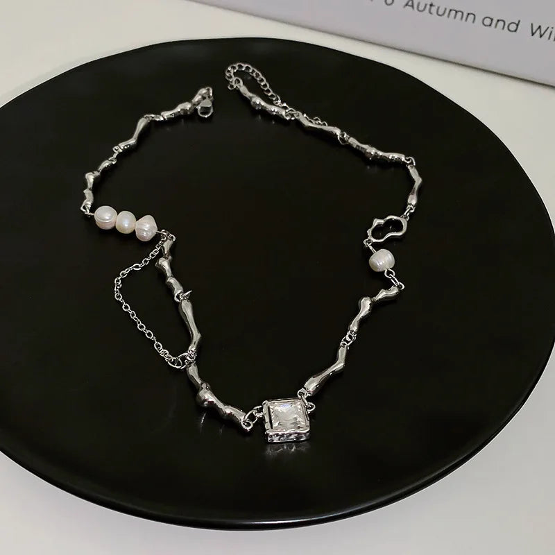 Geometric Diamond Pearl Necklace for Women