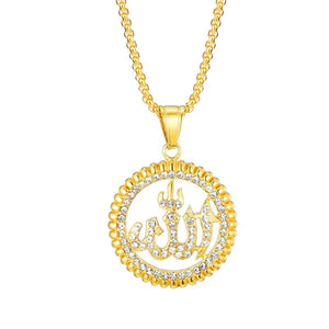 Islamic Muslim Rune Pattern Pendant Necklace Men's Sliding Crystal Inlaid