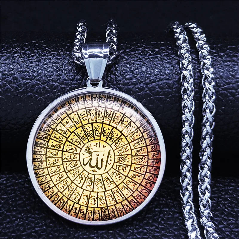 Islamic Arab Quran Allah Glass Stainless Steel Long Necklace Men/Women