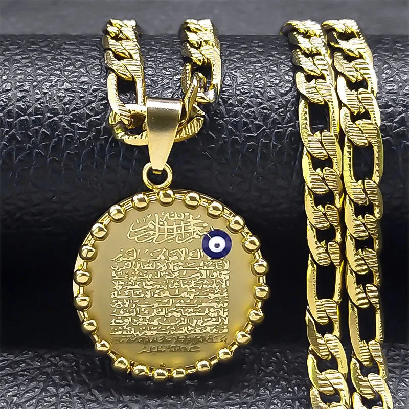 Islamic Muslim Allah Evil Eye Men's Necklace Stainless Steel Round Jewelry