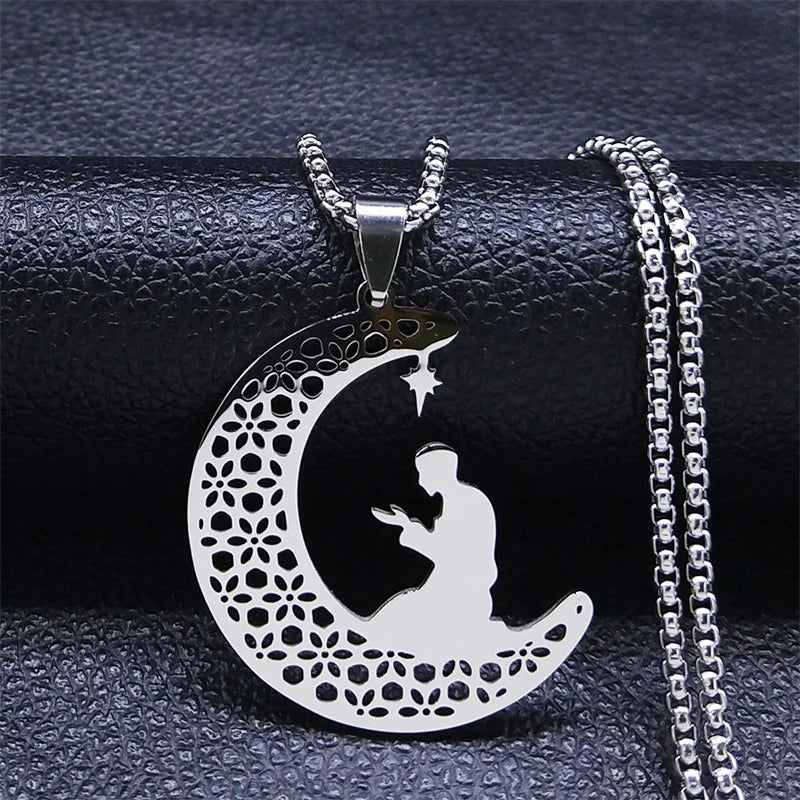 Islamic Muslim Prayer Necklace Stainless Steel Moon Star Pendant