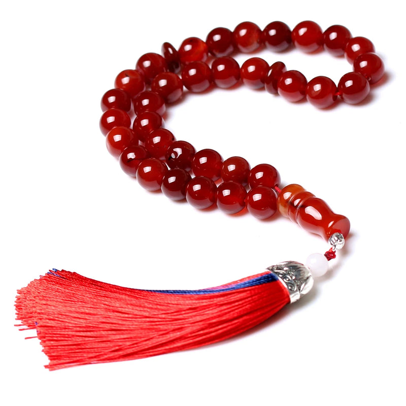 Islamic Misbaha Tasbih Red Agate Stone Tassel Muslim Prayer Beads Rosary