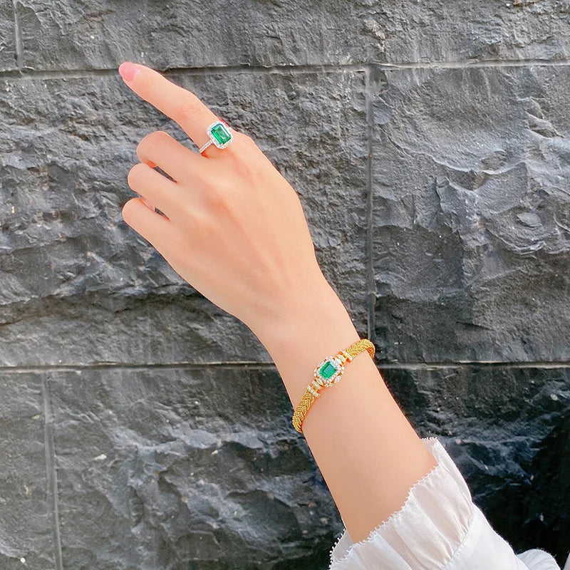 Vintage Hand-Woven Emerald Court Open Bracelet for Women