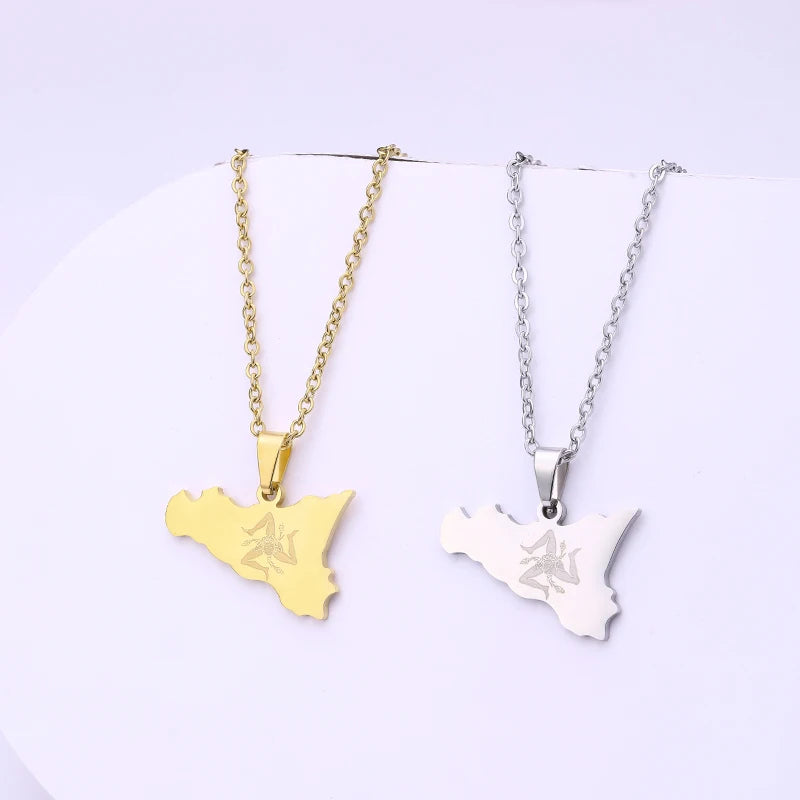 Sicily Map Flag Pendant Necklace Stainless Steel Ethnic Jewelry