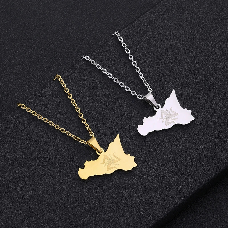 Sicily Map Flag Pendant Necklace Stainless Steel Ethnic Jewelry