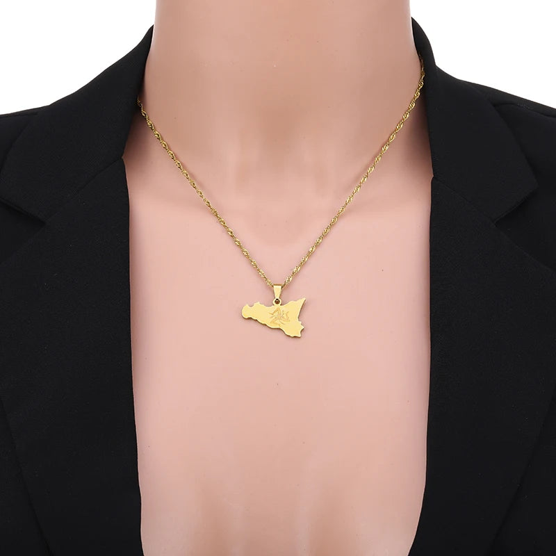 Sicily Map Flag Pendant Necklace / Sicilia Party Jewelry