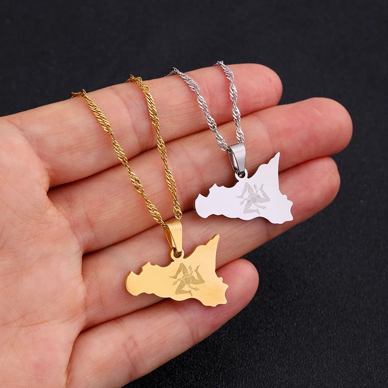 Sicily Map Flag Pendant Necklace / Sicilia Party Jewelry