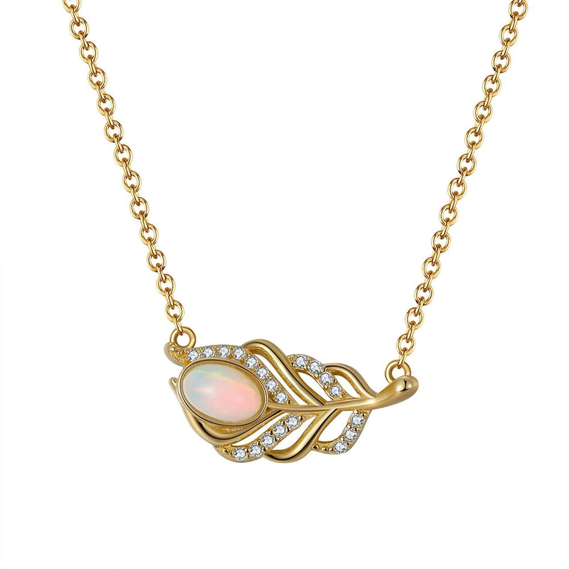 S925 Silver Necklace Leaf Pendant Opal Diamond Jewelry