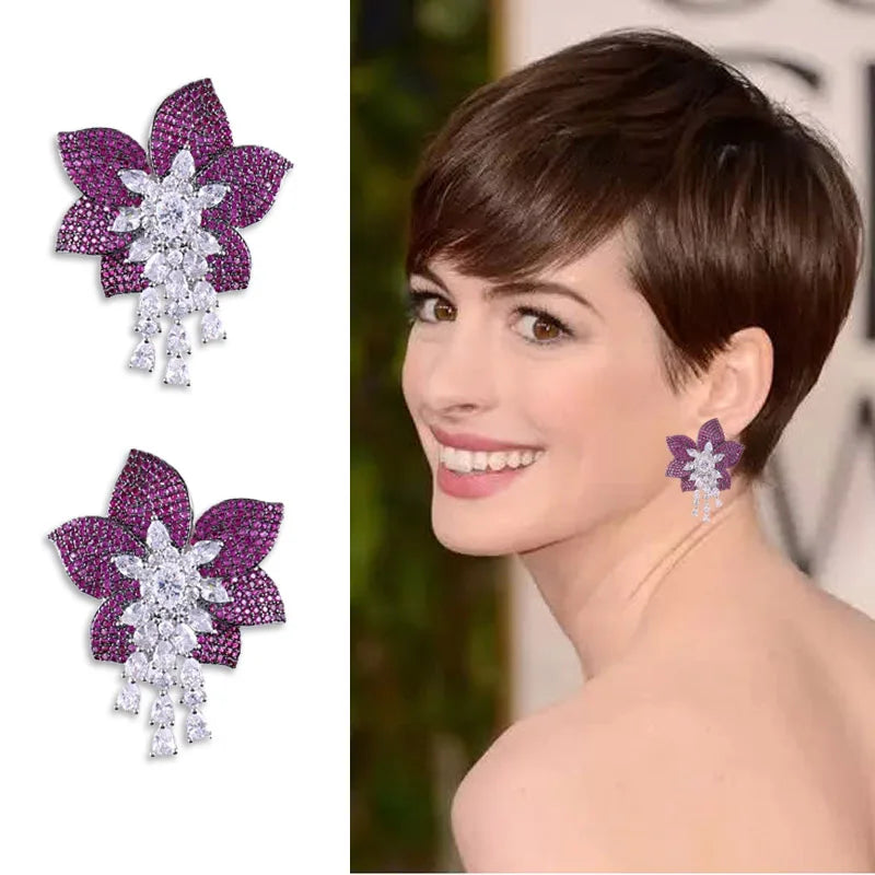 JANKELLY Pink Flower Stud Earrings CZ Wedding Jewelry