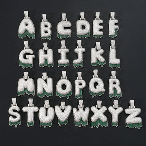 Two-Tone Zircon Bubble Letter Pendant Necklace Green Silver 24inch Chain Men