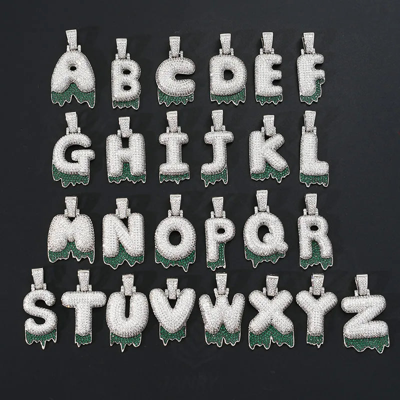 Two-Tone Zircon Bubble Letter Pendant Necklace Green Silver 24inch Chain Men