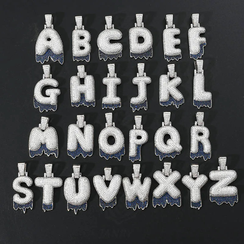 Zircon Bubble Letter Pendant Necklace Silver Men