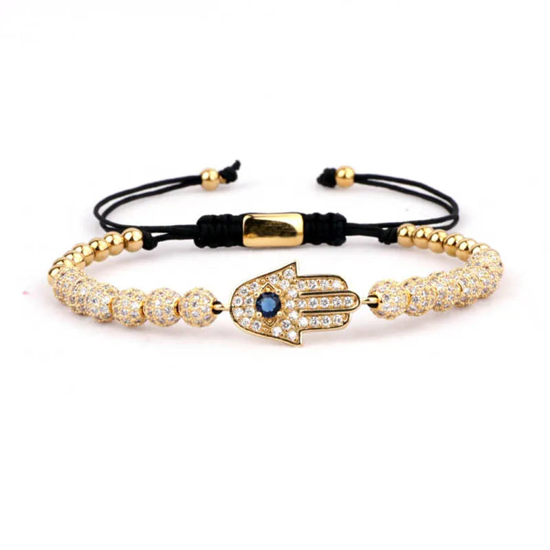 CZ Micro Pave Hand Charm Macrame Bracelet Women Men