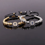 CZ Pave Cross Charm Steel Macrame Bracelet Men
