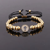 CZ Pave Cross Charm Steel Macrame Bracelet Men