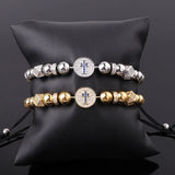 CZ Pave Cross Charm Steel Macrame Bracelet Men