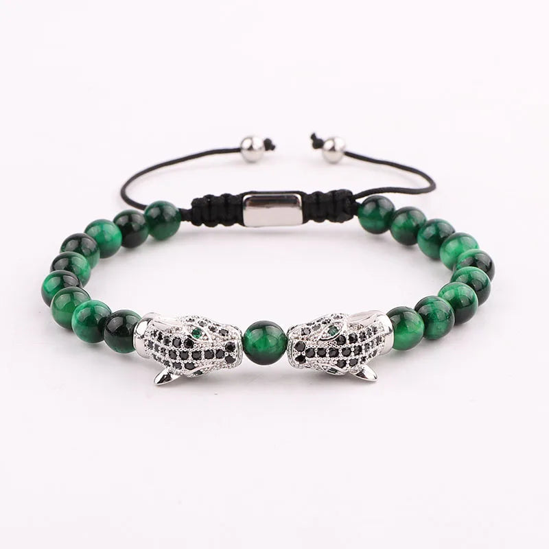 Natural Stone Beads CZ Pave Leopard Charm Bracelet Men Jewelry