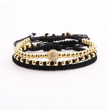 Stainless Steel Beads Rhinestone Ball Cord Macrame Bracelet Set