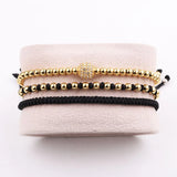 Stainless Steel Beads Rhinestone Ball Cord Macrame Bracelet Set